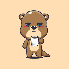 Otter cartoon vector illustration is tired and sleepy holding coffee