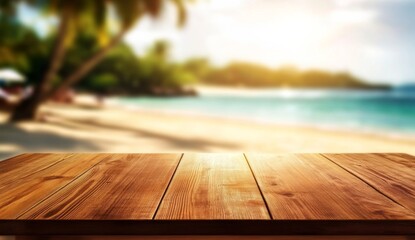 Seascape and palm tree blur on wood table with calm sea background, perfect for summer product display montage