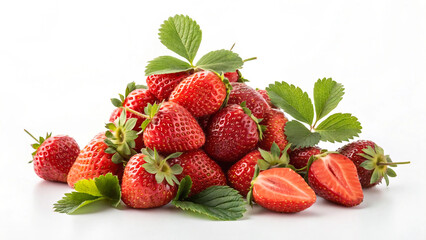 Pile of Fresh Strawberries with Green Leaves and Juicy Halved Interior