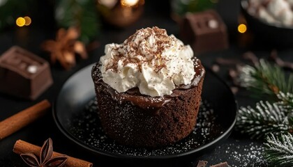 Decadent chocolate dessert topped with whipped cream and cocoa powder, garnished with cinnamon and star anise