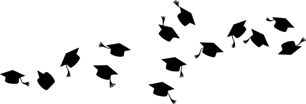 Set of flying graduation caps. Collection of students toss caps. Black white vector illustration.
