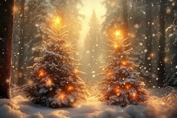 Sparkling Christmas Tree in Snowy Night with Vintage Style Bokeh Background - Festive Holiday Scene for 2023 New Year
