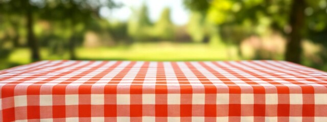 Summer Picnic Setting: Wooden Deck Table with Tablecloth, Green Courtyard Background for Key Visuals of Food and Drink Products