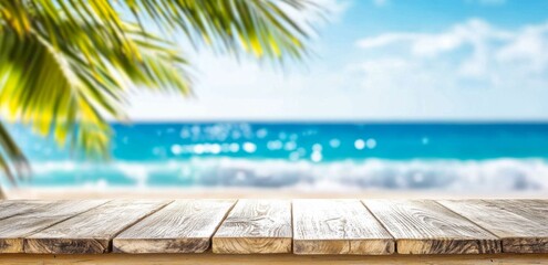 Summer Product Showcase on Wooden Podium in Bokeh Tropical Sandy Beach Setting with Palm Trees and Turquoise Sea