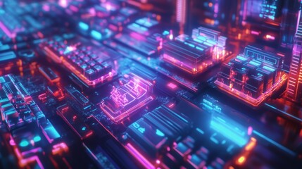 Fototapeta premium Neon lit computer motherboard circuit board components close up view