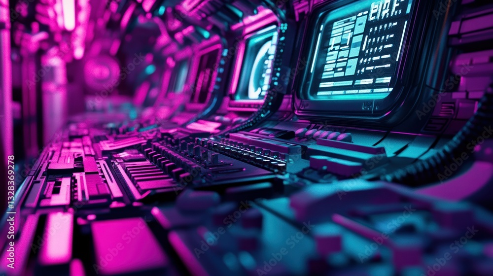 Poster a futuristic interior displays computer terminals with complex data