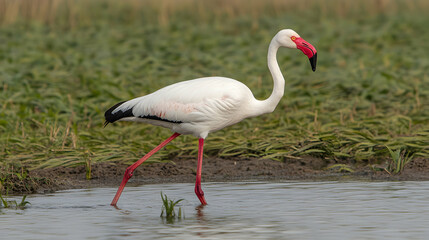 Elegant White Bird with Red Beak Wading Through Shallow Water