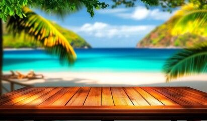 Tropical beach table setting with blurred palm tree and seascape background, ideal for summer vacation product displays