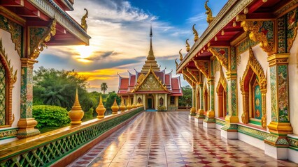 Naklejka premium Serene Temple Walkway at Wat Pa Lelai Worawihan, Suphanburi, Thailand - Classical Wall Art