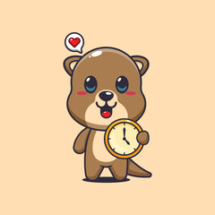 Otter cartoon vector illustration with clock