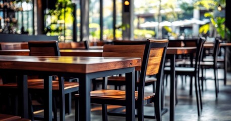Warm and inviting cafe interior with wooden floors, tables, chairs, and large windows creating a cozy atmosphere