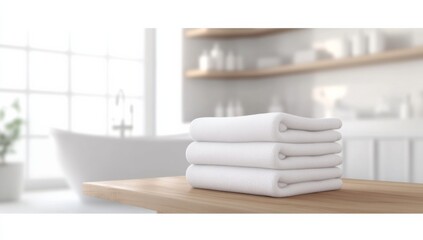 White Bathroom Interior with Empty Wooden Table for Product Display and Blurred Background