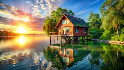 Obraz premium Serene Waterfront House: Stunning Lake Home with Copy Space