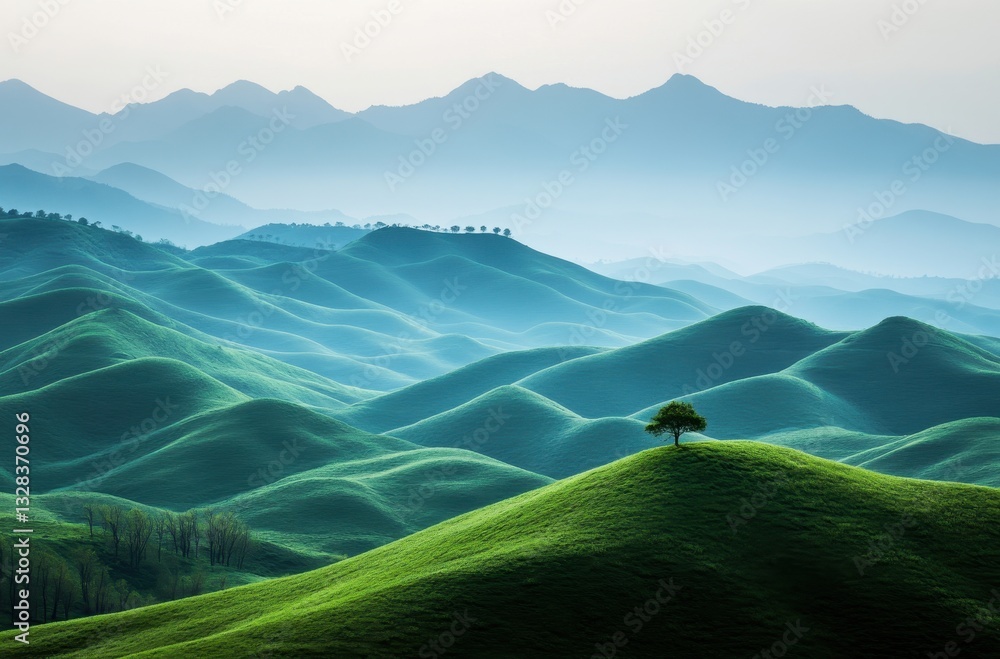 Poster scenic view of rolling green hills under soft morning light with mountain range in background and lo
