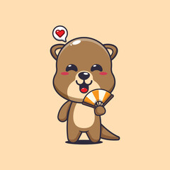 Otter cartoon vector illustration with hand fan
