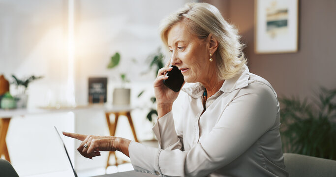 Office, businesswoman and laptop with phone call for discussion, case email and lawyer for legal aid. Career, mature person and attorney with mobile for corporate justice, point research and contact