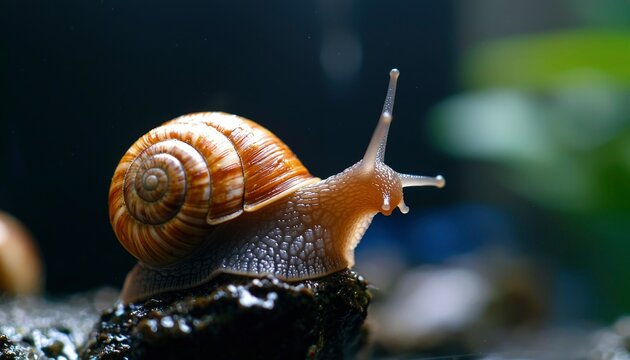 Close-up of a snail on a dark, wet surface.  Its shell is spiraled, brown and tan