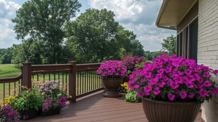 A wooden deck entrance with neatly placed symmetrical planters filled with blooms.