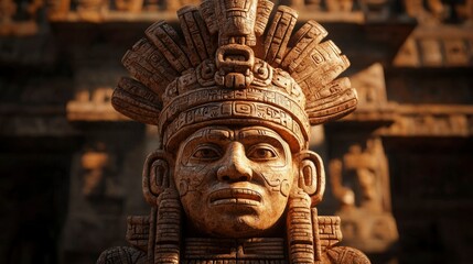 Intricate stone carving of a Mayan ruler's head, adorned with a feathered headdress, set against a backdrop of ancient ruins