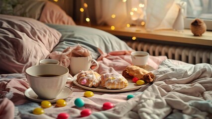 Naklejka premium Coffee and Sweets in an Unmade Bed Illustration for World Laziness Day