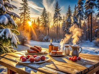 Serene Winter Sunrise: Snow Covered Forest Food Photography