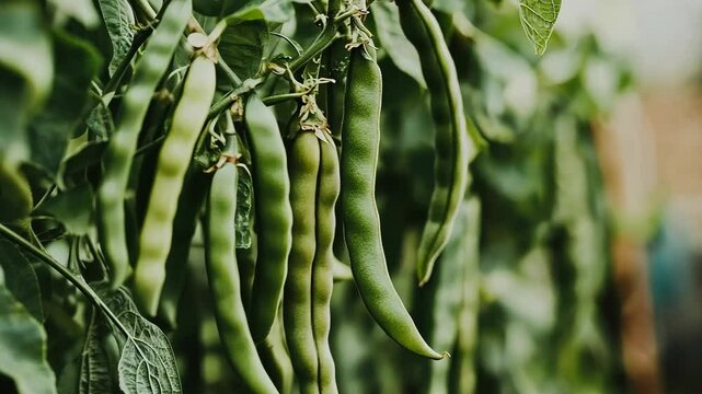 Harvesting string beans in a lush garden during late summer