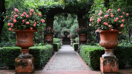 Elegant flower vases with blooming flowers flanking a garden entrance.