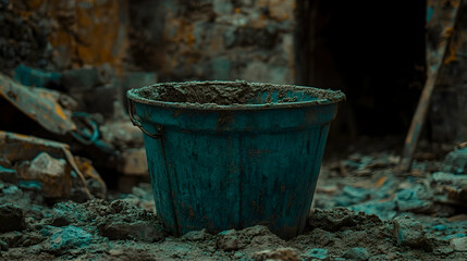 Weathered Bucket Surrounded by Construction Debris and Dusty Ground