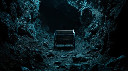 A weathered cart sits alone in a dark, mysterious cave, the only light source illuminating its aged wooden frame