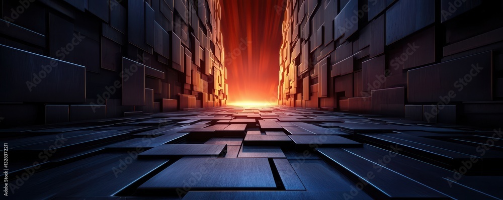 Aufkleber a futuristic corridor with dark geometric shapes leading towards a vibrant orange glow, creating a s