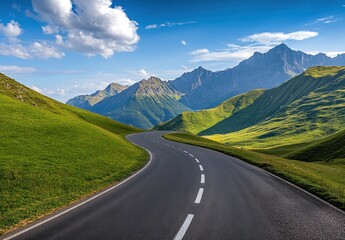 Naklejka premium Scenic winding road through lush green hills with majestic mountains under a bright blue sky and fluffy white clouds in the distance