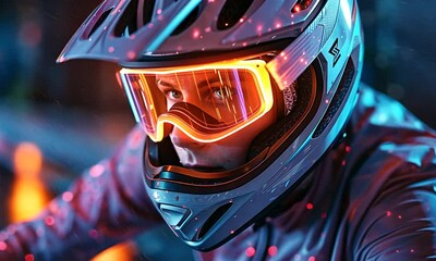 Close-up of a cyclist wearing a helmet and goggles, focused on the trail ahead with vibrant lights in the background