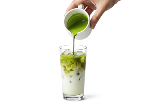 pouring matcha into iced milk glass