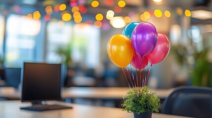Colorful balloons in a pot plant on a desk in a modern office with blurred background.