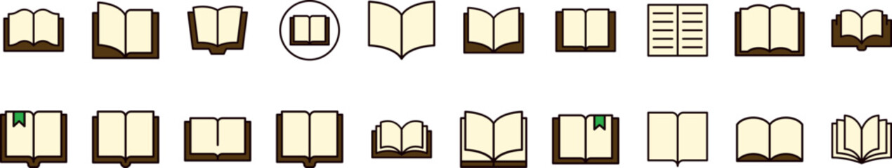 Pack of Filled Color Icons of Opened Book. Minimalistic Linear Pictogram for Web and Graphic Design, Apps, Banners, Social Network and Cards