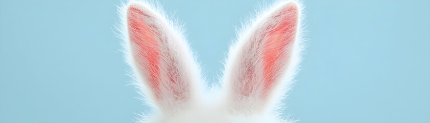 Fototapeta premium Cute Fluffy White Rabbit Ears on Blue Background with Soft Texture