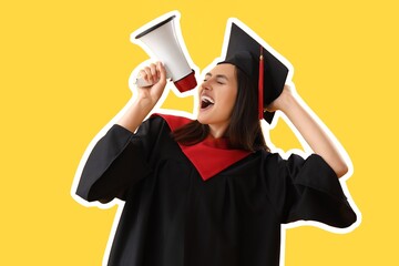 Female graduating student shouting into megaphone on yellow background