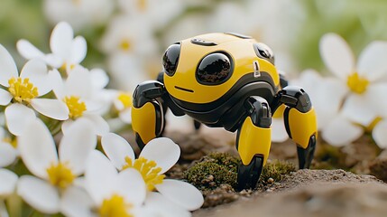 Cute Yellow and Black Robotic Insect Among White Flowers