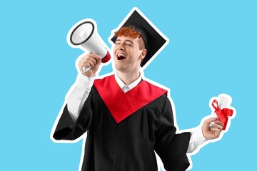 Male graduating student with diploma shouting into megaphone on light blue background