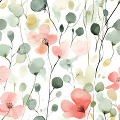 Watercolor pastel peach, pink, green, and white floral leaves pattern. Watercolor print in rustic vintage style, textile or wallpapers.