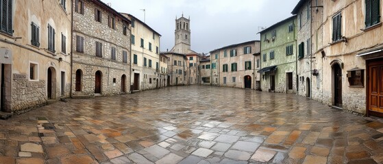Empty cobblestone square in historic town on a rainy day, surrounded by aged stone buildings and a church tower in the background.