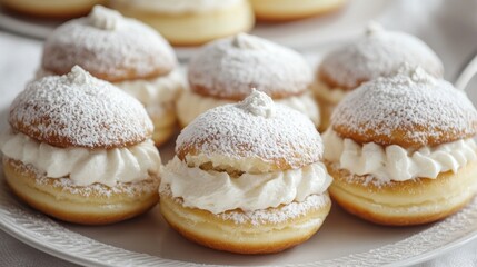 Several cream filled pastries sprinkled with powdered sugar are presented