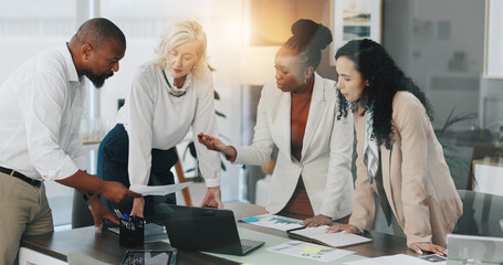 Discussion, documents and group in meeting, boardroom and ideas for market trends, speaker and...