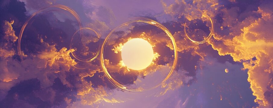 A bright celestial body enveloped by golden rings and clouds