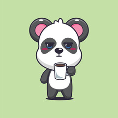 Panda cartoon vector illustration is tired and sleepy holding coffee