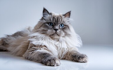 Pet Influencer, Fluffy cat lying on white studio floor