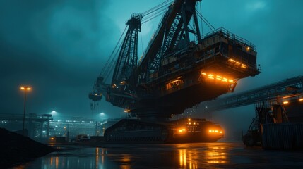 A large industrial excavator working under a dark sky at night