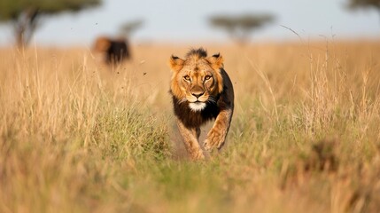 Fototapeta premium Majestic lion strides toward viewer across golden savanna grass