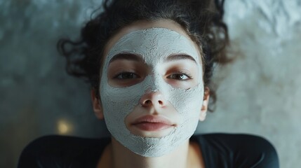 Fototapeta premium Woman Relaxed Face Mask Beauty Treatment Spa Grey clay calm girl care skin model serene healthy 