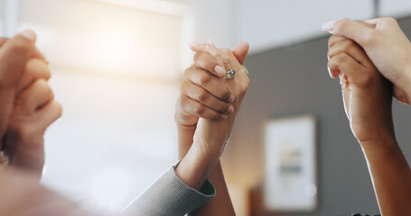 Holding hands, teamwork and support with business people in office for workshop, solidarity and...